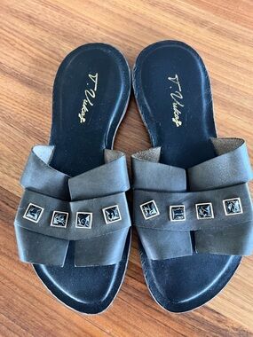 Villager Dark Green Leather Slide Mules with Square Metal Accents